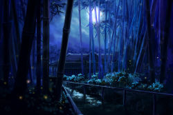 Rule 34 | bamboo, blue theme, building, c.z., eientei, eyes in shadow, female focus, forest, full moon, glowing, imperishable night, inaba tewi, looking at viewer, moon, nature, night, night sky, no humans, reisen udongein inaba, scenery, signature, sky, solo, touhou, tree, wallpaper, when you see it