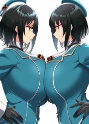 Rule 34 | 2girls, black gloves, black hair, breast contest, breast press, breasts, dual persona, face-to-face, gloves, hands on own hips, hat, highres, huge breasts, kantai collection, kloah, multiple girls, red eyes, symmetrical docking, takao (kancolle), time paradox, white background