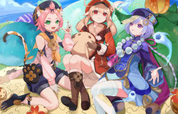Rule 34 | 3girls, absurdres, ahoge, animal ear fluff, animal ears, bangs pinned back, bead necklace, beads, bloomers, boots, braid, brown footwear, brown gloves, brown scarf, cabbie hat, cape, cat ears, cat girl, cat tail, clover print, coat, commentary request, detached sleeves, deval, diona (genshin impact), genshin impact, gloves, green eyes, hair between eyes, hat, hat feather, hat ornament, highres, jewelry, jiangshi, jumpy dumpty, klee (genshin impact), knee boots, kneehighs, light brown hair, long hair, long sleeves, looking at viewer, low ponytail, low twintails, multiple girls, necklace, ofuda, orb, pink hair, pointy ears, purple eyes, purple hair, qingdai guanmao, qiqi (genshin impact), red coat, red eyes, red headwear, scarf, short hair, sidelocks, single braid, sitting, socks, tail, thighhighs, twintails, underwear, wariza, white legwear, wide sleeves, yin yang, zettai ryouiki