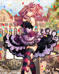 Rule 34 | 1girl, :&lt;, bangle, bare shoulders, blush, bow, bracelet, breasts, building, carriage, choker, clothing cutout, company name, confetti, cuffs, dress, earrings, eikou no guardian battle, elbow gloves, eyepatch, flower, frilled dress, frills, gloves, gothic lolita, hair ornament, hand on own head, heart, heart cutout, highres, horse, jewelry, lace, lace-trimmed dress, lace-trimmed legwear, lace trim, lolita fashion, looking at viewer, madogawa, official art, outdoors, outstretched hand, petticoat, pink hair, purple dress, purple eyes, purple gloves, solo, standing, strapless, strapless dress, striped clothes, striped thighhighs, thighhighs, watermark