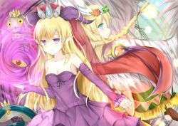 Rule 34 | 2girls, aqua eyes, archangel (p&amp;d), back-to-back, bad id, bad pixiv id, bare shoulders, bird, blonde hair, braid, crown, detached sleeves, dress, hairband, holding hands, horns, lilith (p&amp;d), long hair, looking at viewer, mini crown, multiple girls, owl, pointy ears, purple dress, purple eyes, puzzle &amp; dragons, single braid, smile, snake, strapless, strapless dress, tailam, wings