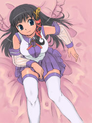 Rule 34 | 1girl, blue skirt, from above, looking up, os-tan, skirt, solo, thighhighs, xp-tan