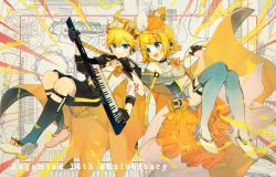 Rule 34 | 1boy, 1girl, anniversary, blonde hair, blue eyes, bow, cape, crown, dress, grin, hair bow, hair ornament, hairclip, highres, holding, holding microphone, instrument, kagamine len, kagamine rin, microphone, shorts, smile, vocaloid, yonikki