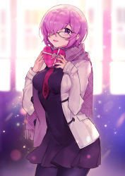Rule 34 | 1girl, absurdres, alternate costume, bad id, bad pixiv id, black dress, blush, breasts, commentary request, dress, fate/grand order, fate (series), glasses, gloves, grey jacket, hair over one eye, heart, highres, holding, holding heart, impossible clothes, impossible dress, jacket, large breasts, looking at viewer, mash kyrielight, nail polish, necktie, open mouth, pink eyes, pink hair, pink necktie, pink scarf, purple eyes, purple hair, scarf, short hair, smile, solo, yayako (804907150)