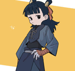 Rule 34 | 1boy, bandaged hand, bandages, black eyes, black hair, black pants, chinese clothes, closed mouth, double bun, hair bun, hair ribbon, highres, long hair, looking at viewer, luo xiaohei zhanji, nezha (the legend of luoxiaohei), nploser, pants, red bandage, red ribbon, ribbon, simple background, solo, yellow background