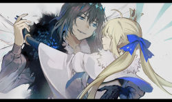 Rule 34 | 1boy, 1girl, ahoge, artoria caster (fate), artoria caster (third ascension) (fate), artoria pendragon (fate), blonde hair, blouse, blue bow, blue eyes, bow, cloak, crown, dancing, diamond hairband, dress shirt, fate/grand order, fate (series), fur-trimmed cloak, fur trim, grin, hair bow, insect wings, long hair, long sleeves, looking at another, oberon (fate), oberon (third ascension) (fate), shirt, short hair, smile, spoilers, twintails, vivi (eve no hakoniwa), white shirt, wide sleeves, wings