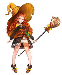 Rule 34 | 1girl, absurdres, bad id, bad pixiv id, black skirt, broom, brown footwear, brown hair, cape, full body, hat, highres, holding, holding broom, long hair, potion, rinu99, shoes, sketch, skirt, solo, standing, tree of savior, witch hat, wizard (tree of savior), yellow cape, yellow eyes, yellow hat
