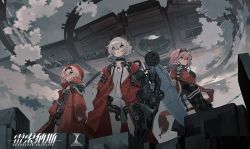 Rule 34 | 3girls, black dress, character request, choker, closed mouth, cloud, cloudy sky, coat, copyright name, dress, fingerless gloves, frown, gloves, grey hair, hairband, highres, holding, holding weapon, long sleeves, mechanical arms, multiple girls, official art, open clothes, open coat, pink hair, red coat, red headwear, resonance solstice, science fiction, short hair, shorts, single mechanical arm, sky, standing, weapon, white shorts, whitebear