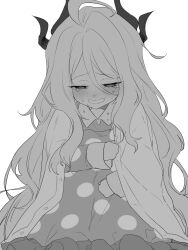 Rule 34 | 1girl, ahoge, blue archive, blush, cardigan, cardigan on shoulders, collared dress, crying, demon horns, dress, greyscale, hair between eyes, highres, hina (blue archive), hina (pajamas) (blue archive), horns, inotukuhito, long hair, looking down, monochrome, multiple horns, nose blush, polka dot, polka dot dress, simple background, solo, teardrop, very long hair, white background