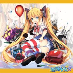Rule 34 | 1girl, :3, aged down, alternate costume, andrea doria (warship girls r), backpack, bag, balloon, bare shoulders, black bow, blonde hair, blue shirt, bow, box, breasts, broken, brown footwear, bullet, cat, closed mouth, confetti, copyright name, dice hair ornament, eyebrows, full body, gift, gift box, hair bow, hair ornament, highres, jianren, letterboxed, loafers, long hair, lying, machinery, neck ribbon, off shoulder, official art, on side, open mouth, panties, pleated skirt, puffy short sleeves, puffy sleeves, randoseru, red ribbon, ribbon, shirt, shoe soles, shoes, short sleeves, skirt, small breasts, smoke, solo, striped clothes, striped thighhighs, stuffed animal, stuffed cat, stuffed panda, stuffed toy, sweatdrop, tears, thick eyebrows, thighhighs, torn clothes, torn shirt, torn skirt, twintails, underwear, very long hair, warship girls r, wavy mouth, white panties, white shirt, zoom layer