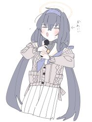 Rule 34 | 1girl, ahoge, black hair, blue archive, blush, crossed bangs, hair between eyes, hairband, highres, holding, holding microphone, jewelry, koyansuee, long hair, long skirt, low twintails, messy hair, microphone, music, necklace, pleated skirt, simple background, singing, sketch, skirt, twintails, ui (blue archive), white background