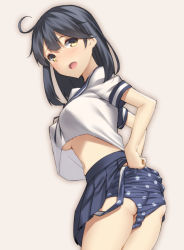 Rule 34 | 10s, 1girl, black hair, blue skirt, breasts, clothes pull, crop top, crop top overhang, kantai collection, large breasts, midriff, mikazuchi zeus, navel, one-piece swimsuit, one-piece swimsuit pull, open mouth, panties, polka dot, polka dot panties, polka dot swimsuit, school uniform, short hair, simple background, skirt, solo, swimsuit, swimsuit under clothes, underboob, underwear, ushio (kancolle), yellow eyes