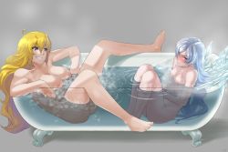 Rule 34 | 2girls, bathtub, blonde hair, blue eyes, blush, boiling, breasts, claw foot bathtub, completely nude, cryokinesis, grey background, grin, hug, ice, large breasts, long hair, multiple girls, nipples, nude, partially submerged, purple eyes, rwby, silver hair, sinccubi, sitting, small breasts, smile, smirk, spread legs, tub, water, weiss schnee, white background, yang xiao long