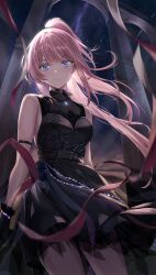 Rule 34 | 1girl, absurdres, arm strap, black dress, black gloves, blue eyes, blush, breasts, closed mouth, commentary request, dress, eyelashes, gloves, heichanart, high ponytail, highres, light smile, looking at viewer, medium breasts, night, original, outdoors, pink hair, pink ribbon, ribbon, sideboob, sky, sleeveless, sleeveless dress, solo, star (sky), starry sky
