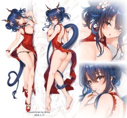 Rule 34 | 1girl, arknights, ass, backless dress, backless outfit, bare arms, bare back, bare legs, bare shoulders, barefoot, bead bracelet, beads, bed sheet, billie (meng gong fang), black panties, blue hair, blush, bracelet, breasts, ch&#039;en (ageless afterglow) (arknights), ch&#039;en (arknights), china dress, chinese clothes, clothes lift, commentary request, covered navel, dakimakura (medium), dated, double bun, dress, dress lift, female focus, flower, full body, groin, hair between eyes, hair bun, hair flower, hair ornament, hands up, heart, heart tail, high heels, highres, holster, horns, jewelry, large breasts, lifting own clothes, looking at viewer, lying, multiple views, official alternate costume, on side, on stomach, panties, parted lips, petals, pink flower, red dress, red eyes, red footwear, short hair, sidelocks, sleeveless, sleeveless dress, tail, thigh holster, thighs, twintails, underwear, upper body, white flower