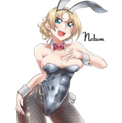 Rule 34 | 1girl, alternate costume, alternate hair length, alternate hairstyle, animal ears, black leotard, black pantyhose, blonde hair, blue eyes, bow, bowtie, breasts, cleavage, commentary request, contrapposto, cowboy shot, detached collar, fake animal ears, fishnet pantyhose, fishnets, hand on own chest, kantai collection, large breasts, leotard, long hair, looking at viewer, nelson (kancolle), pantyhose, playboy bunny, rabbit ears, rabbit girl, rabbit tail, red bow, red bowtie, simple background, solo, tail, udukikosuke, white background, wrist cuffs