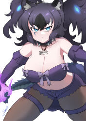 Rule 34 | 1girl, animal ears, big hair, black hair, breasts, cerberus (kemono friends), cleavage, collar, dog ears, elbow gloves, gloves, glowing, glowing hair, hanging breasts, highres, huge breasts, john (a2556349), kemono friends, kemono friends 3, looking at viewer, multicolored hair, navel, pantyhose, pantyhose under shorts, purple hair, scar, scar across eye, scar on face, shorts, solo, spiked collar, spikes, strapless, tail, two side up