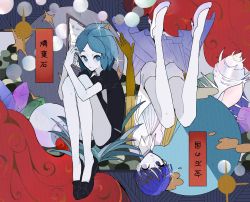 Rule 34 | 1other, 8zikan netai, adjusting hair, belt, black footwear, blue eyes, blue hair, blunt bangs, closed mouth, collar, colored skin, eyelashes, full body, gem uniform (houseki no kuni), gold, golden arms, heterochromia, highres, houseki no kuni, looking at viewer, neckwear request, other focus, pale skin, parted bangs, phosphophyllite, phosphophyllite (ll), puffy short sleeves, puffy sleeves, see-through, shirt, shoes, short hair, short sleeves, shorts, sitting, sparkle, spoilers, translation request, white eyes, white footwear, white shirt, white skin