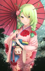 Rule 34 | 1girl, antlers, braid, ceres fauna, ceres fauna (new year), commentary, earrings, floral print, flower, green hair, hair between eyes, hair flower, hair ornament, highres, hololive, hololive english, horns, japanese clothes, jewelry, kimono, long hair, long sleeves, looking at viewer, nature, obi, oil-paper umbrella, outdoors, parted lips, pink kimono, print kimono, sash, smile, solo, tachibana yuu (shika), twin braids, umbrella, virtual youtuber, wide sleeves, yellow eyes