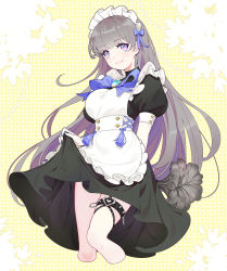 Rule 34 | 1girl, apron, blue bow, bow, breasts, closed mouth, clothes lift, dress, fogriver, grey hair, hair bow, hair ornament, heart, heart in eye, highres, holding, holding clothes, holding skirt, large breasts, long hair, looking at viewer, maid, maid apron, maid headdress, original, purple eyes, short sleeves, skirt, skirt lift, smile, standing, symbol in eye, thigh strap