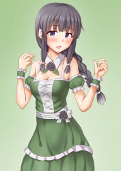 Rule 34 | 1girl, alternate costume, anti (untea9), black hair, blunt bangs, braid, breasts, brown eyes, cowboy shot, dress, gradient background, green background, green dress, highres, idol, idol clothes, kantai collection, kitakami (kancolle), long hair, looking at viewer, medium breasts, open mouth, single braid, solo