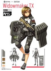 Rule 34 | 12-gauge, 1girl, ammunition, ballistic shield, black shorts, breasts, brown eyes, brown hair, character name, cmmia, color guide, commentary request, cylinder, cylinder (weapon), deus ex, deus ex: human revolution, dress, eyewear on head, girls&#039; frontline, grey footwear, gun, hair between eyes, hair ornament, highres, holding, holding gun, holding weapon, hood, hood down, hood up, hooded jacket, jacket, knee pads, looking away, medium breasts, multiple views, ndtwofives, original, pantyhose, parted bangs, parted lips, polymer-cased ammunition, quad-tube rotating magazine, revolver shotgun, rotating-tube magazine, semi-automatic firearm, semi-automatic shotgun, shield, shield module, shoes, short dress, short hair, shorts, shotgun, shotgun shell, srm 1216, srm arms model 1216, standing, star (symbol), sunglasses, v-shaped eyebrows, weapon, white background, white jacket, widowmaker tx