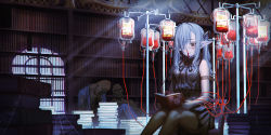 Rule 34 | 1girl, 2others, bandaged arm, bandages, bare shoulders, black dress, black pantyhose, blood, blood bag, blue shirt, book, book stack, bookshelf, chair, commentary request, corpse, dress, eyepatch, fujoshi, grey hair, hair over one eye, highres, hironii (hirofactory), holding, holding book, indoors, interlocked mars symbols, long hair, mars symbol, medical eyepatch, multiple others, nosebleed, on chair, open book, open clothes, open shirt, original, pantyhose, pleated dress, pointy ears, red eyes, shirt, silk, sitting, sleeveless, sleeveless dress, solo focus, spider web, twintails