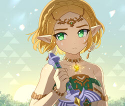 Rule 34 | 1girl, absurdres, blonde hair, bracelet, braid, commentary, crown braid, earrings, english commentary, enni, green eyes, highres, holding, holding sword, holding weapon, jewelry, looking to the side, magatama, master sword, necklace, nintendo, pointy ears, princess zelda, short hair, solo, strapless, sun, sword, the legend of zelda, the legend of zelda: tears of the kingdom, tiara, upper body, weapon