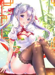 Rule 34 | 1girl, :d, aoba chise, aoba project, ass, bamboo, blush, breasts, brown thighhighs, bun cover, china dress, chinese clothes, cleavage, dress, floral print, knees up, leaf, long hair, looking at viewer, medium breasts, open mouth, pelvic curtain, plant, purple eyes, red ribbon, ribbon, sakura moyon, short sleeves, sidelocks, silver hair, sitting, smile, solo, thighhighs, thighs, twintails, white dress