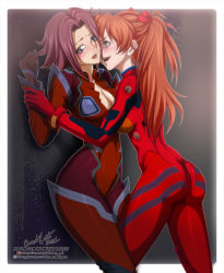 Rule 34 | 2021, 2girls, against wall, arm support, artist name, ass, blush, bodysuit, breasts, brown hair, cleavage, code geass, crossover, curvy, dated, embarrassed, expressionless, female focus, grabbing, grin, hair between eyes, huge ass, interface headset, kouzuki kallen, long hair, looking at another, medium breasts, multiple girls, neon genesis evangelion, oicram-art, open mouth, patreon username, plugsuit, red bodysuit, red hair, sexually suggestive, shiny clothes, shiny skin, signature, simple background, skin tight, smile, souryuu asuka langley, trait connection, two side up, very long hair, watermark, web address, yuri