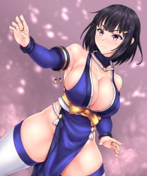 Rule 34 | &gt;:(, 1girl, bare shoulders, black hair, bob cut, breasts, cleavage, collarbone, detached sleeves, fighting stance, frown, groin, hair ornament, hairclip, hiballista, highres, large breasts, light blush, no panties, original, pelvic curtain, red eyes, short hair, skindentation, sleeveless, solo, tassel, thick thighs, thighhighs, thighs, v-shaped eyebrows, white thighhighs