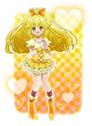 Rule 34 | 1girl, :d, blonde hair, boots, bow, choker, cokata, color connection, cosplay, cure peace, cure pine, cure pine (cosplay), dress, fresh precure!, frills, full body, hair bow, hair flaps, hair ornament, heart, heart background, heart hair ornament, heart hands, kise yayoi, long hair, magical girl, open mouth, orange bow, precure, skirt, smile, smile precure!, solo, wide ponytail, wrist cuffs, yellow background, yellow dress, yellow eyes, yellow skirt, yellow theme