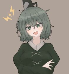 Rule 34 | 1girl, black hat, commentary, cross-laced clothes, crossed arms, green eyes, green hair, grey background, hat, head tilt, highres, lightning bolt symbol, looking at viewer, pipita, short hair, simple background, soga no tojiko, solo, tate eboshi, touhou, upper body