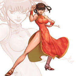 Rule 34 | 1girl, bracer, braid, breasts, brown hair, china dress, chinese clothes, dead or alive, dress, fighting stance, hair rings, high heels, impossible clothes, impossible dress, lei fang, lips, long dress, red dress, sandals, seeso2d, short hair, side slit, sleeveless, sleeveless dress, solo, toes, twin braids, zoom layer