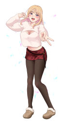 Rule 34 | 1girl, asso, black pantyhose, blonde hair, blush, breasts, cropped sweater, finger to cheek, full body, fur-trimmed footwear, fur trim, gyaru v, highres, large breasts, looking at viewer, meme attire, miniskirt, navel, open-chest sweater, original, pantyhose, red skirt, skirt, smile, solo, stomach, sweater, v, white sweater