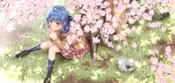 Rule 34 | 1boy, 1girl, bird, black socks, blue hair, blurry, blush, cherry blossoms, dappled sunlight, day, depth of field, domestic na kanojo, duck, from above, kneehighs, knees together feet apart, looking at viewer, official art, outdoors, own hands together, petals, red eyes, sasuga kei, school uniform, sitting, socks, solo focus, sunlight, tachibana rui, tree, tree shade