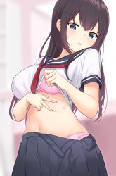Rule 34 | 1girl, bare arms, blue eyes, blurry, blurry background, blush, bra, breasts, brown hair, bug bite, clothes lift, deep skin, head tilt, hicha nomu, large breasts, lifted by self, long hair, looking away, looking down, midriff, navel, neckerchief, open fly, original, panties, parted lips, pink bra, pink panties, pleated skirt, red neckerchief, school uniform, serafuku, shirt lift, short sleeves, skirt, solo, sweat, underwear
