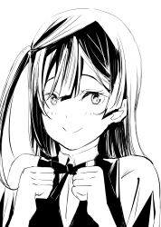 Rule 34 | 1girl, absurdres, blush, clenched hands, closed mouth, collared shirt, commentary request, furrowed brow, greyscale, highres, long hair, looking at viewer, love live!, love live! nijigasaki high school idol club, monochrome, neck ribbon, nijigasaki school uniform, ribbon, school uniform, shirt, sidelocks, smile, solo, summer uniform, tommer, upper body, vest, white background, yuki setsuna (love live!)