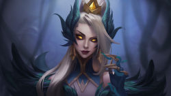 Rule 34 | 1girl, absurdres, bare shoulders, black gloves, blonde hair, blurry, blurry background, claw ring, commentary request, coven zyra, feather trim, gem, gloves, glowing, glowing eyes, hair ornament, hand up, highres, league of legends, long hair, qinhuaiyu (sihouette), red lips, shiny skin, smile, solo, yellow eyes, zyra