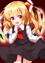 Rule 34 | 1girl, ascot, black skirt, black vest, blonde hair, blush, collared shirt, cosplay, crystal, flandre scarlet, hair between eyes, highres, long hair, long sleeves, open mouth, red ascot, red eyes, rumia, rumia (cosplay), ruu (tksymkw), shirt, side ponytail, skirt, smile, solo, touhou, vest, white shirt, wings