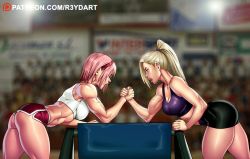 Rule 34 | 2girls, arm support, arm wrestling, ass, bare shoulders, blonde hair, closed eyes, crop top, fingernails, from side, haruno sakura, long hair, multiple girls, muscular, muscular female, naruto, naruto (series), open mouth, pink hair, ponytail, profile, purple shirt, r3ydart, shirt, short hair, short shorts, shorts, sleeveless, sleeveless shirt, spandex, sports bra, sweat, table, tank top, teeth, toned, veins, white shirt, yamanaka ino