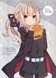 Rule 34 | 1girl, absurdres, artoria pendragon (all), artoria pendragon (fate), belt, belt buckle, black jacket, black shirt, black shorts, brown eyes, buckle, burger, closed mouth, fate/grand order, fate (series), food, hair between eyes, highres, holding, holding food, jacket, light brown hair, long hair, low ponytail, official alternate costume, open clothes, open jacket, ponytail, saber alter, saber alter (ver. shinjuku 1999) (fate), sapphire (sapphire25252), shirt, short shorts, shorts, sidelocks, solo, translation request, v-shaped eyebrows, white belt