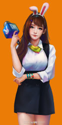 Rule 34 | 1girl, alternate costume, alternate eye color, animal ears, animal print, black dress, black skirt, blue eyes, bracelet, brown hair, buttons, character name, closed mouth, collared shirt, cowboy shot, crossed arms, d.va (overwatch), dress, dress shirt, earrings, fake animal ears, fingernails, hair ornament, hairclip, hand up, highres, holding, holding microphone, jewelry, lips, lipstick, long hair, looking at viewer, makeup, microphone, orange background, overwatch, overwatch 1, peter xiao, pink lips, rabbit ears, rabbit print, scarf, shirt, short dress, simple background, skirt, skirt set, sleeveless, sleeveless dress, sleeves past elbows, sleeves rolled up, smile, solo, stud earrings, superschool48, uniform, white shirt