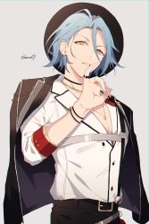Rule 34 | 1boy, absurdres, artist name, belt, black belt, black hat, black jacket, black pants, blue hair, bracelet, chest strap, commentary, curtained hair, dress shirt, earrings, ensemble stars!, eyeliner, finger to mouth, grey background, hair behind ear, hair strand, hat, highres, himeru (ensemble stars!), jacket, jewelry, looking at viewer, makeup, male focus, multiple rings, necklace, o-ring, official alternate costume, pants, parted lips, pinky ring, pinky to mouth, red eyeliner, ring, shiba twst 69, shirt, short hair, simple background, sleeves past elbows, solo, upper body, v-neck, white shirt, yellow eyes