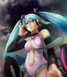Rule 34 | 1girl, adjusting hair, bad id, bad pixiv id, bare shoulders, breasts, center opening, cleavage, cleavage cutout, clothing cutout, cloud, detached sleeves, frills, from below, green eyes, green hair, hatsune miku, hatsune miku (append), kanotuki, leotard, long hair, matching hair/eyes, navel, navel cutout, necktie, solo, star (sky), twintails, vocaloid, vocaloid append