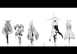 Rule 34 | 6+girls, animal ears, cape, ceres fauna, different reflection, flower, from behind, greyscale, hair flower, hair ornament, hakos baelz, halo, hololive, hololive english, horns, irys (hololive), letterboxed, long hair, mechanical halo, monochrome, mouse ears, mouse tail, multiple girls, nanashi mumei, ouro kronii, ponytail, reflection, reflective floor, tail, taka t, tsukumo sana, twintails, veil, virtual youtuber, walking away