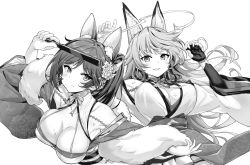 Rule 34 | 2girls, animal ears, arm up, azur lane, blush, breasts, cleavage, closed mouth, collarbone, elbow gloves, expressionless, fingerless gloves, fox ears, fox tail, gloves, greyscale, grin, highres, hori (hori no su), jintsuu (azur lane), large breasts, long hair, looking at viewer, monochrome, multiple girls, parted lips, sendai (azur lane), smile, sweat, tail, teeth, very long hair