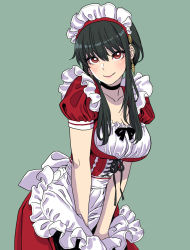 Rule 34 | 1girl, absurdres, apron, black hair, blush, breasts, cleavage, dress, earrings, green background, highres, jewelry, large breasts, leaning forward, long hair, long sleeves, maid, maid apron, maid headdress, red dress, red eyes, smile, solo, spy x family, standing, white apron, yamashita shun&#039;ya, yor briar
