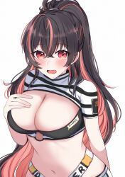 Rule 34 | 1girl, absurdres, bikini, bikini top only, black bikini, blush, breasts, cleavage, colored inner hair, crossed bangs, goddess of victory: nikke, hair between eyes, hand on own chest, high ponytail, highres, hoshi naru, large breasts, long hair, looking at viewer, midriff, multicolored hair, navel, pink eyes, pink hair, ponytail, prison clothes, quency (nikke), shirt, shorts, shrug (clothing), sidelocks, simple background, standing, strapless, strapless bikini, striped clothes, striped shorts, swimsuit, thigh strap, two-tone hair, white background, white shirt, white shorts