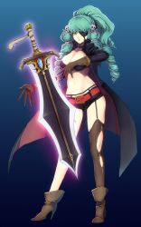 Rule 34 | 1girl, belt, breasts, cleavage, drill hair, eyepatch, fiore brunelli, floating, floating object, floating weapon, gloves, green hair, hair ornament, highres, long hair, looking at viewer, midriff, murata tefu, navel, pirate, ponytail, simple background, skull and crossbones, skull hair ornament, solo, star ocean, star ocean integrity and faithlessness, sword, weapon, yellow eyes